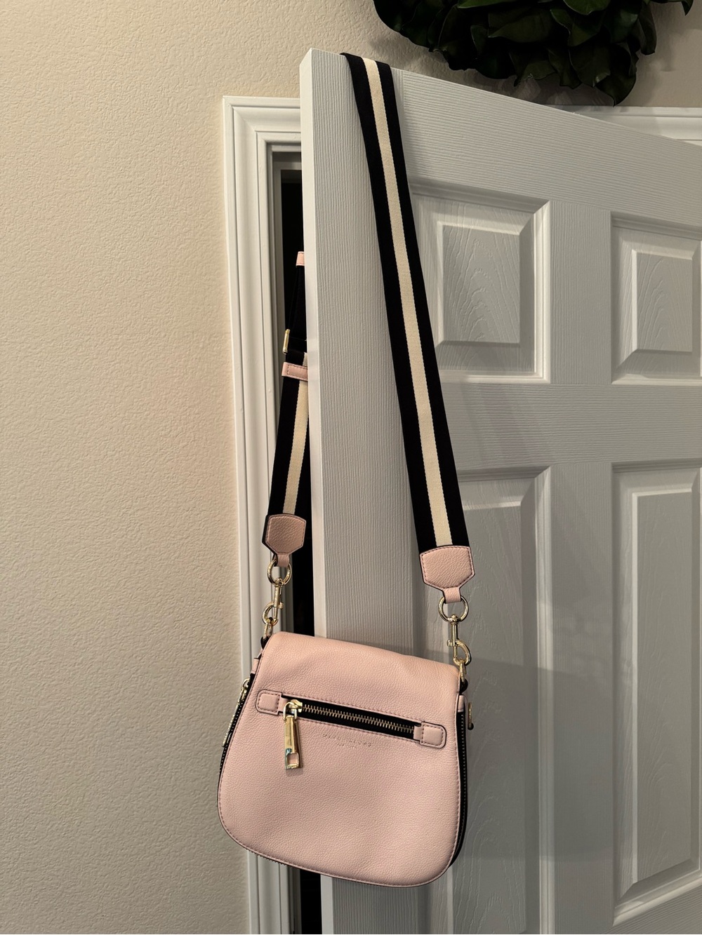 Marc Jacobs Pale Pink Leather Crossbody with Black-and-Cream Strap